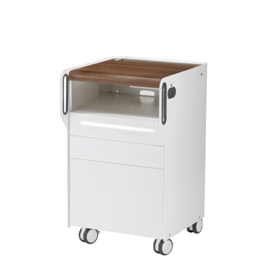 Dulap mobil RUCK ROOM move S, cu compartiment pentru aparat, 3 sertare cu iluminare LED, finisaj CPL nuc, pregătit pentru montarea lămpii CIRCLE XL Professional pentru dreptaci, 77 × 46 × 52 cm